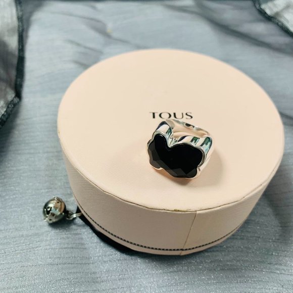 TOUS Ring Big Silver TOUS Color Ring with faceted onyx Women Jewelry 56# - Picture 5 of 13